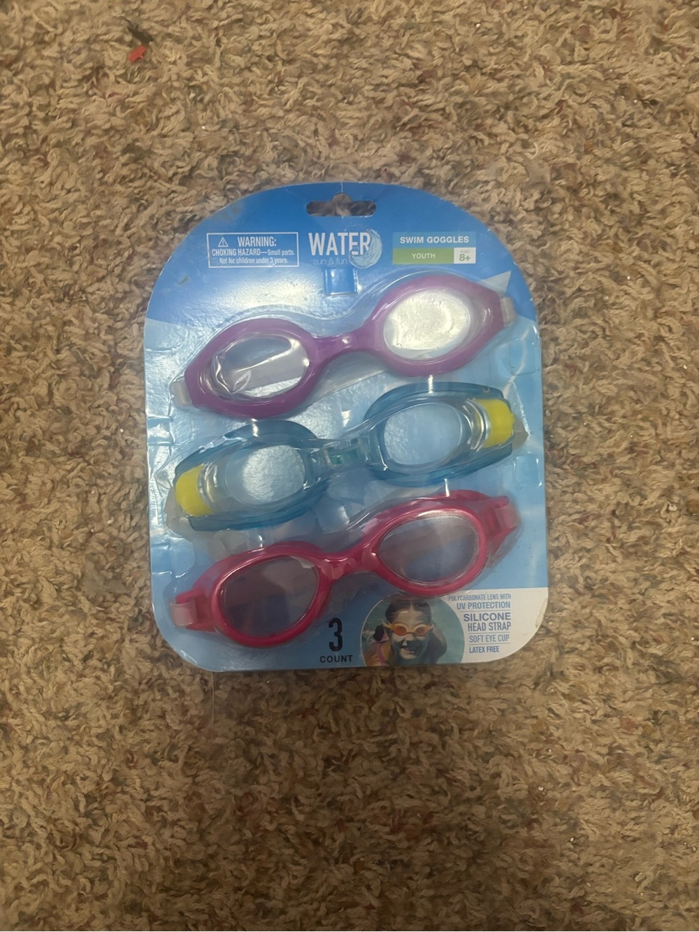 3-Pack Youth Swim Goggles (Ages 8+) — UV Protection & Latex-Free NWT